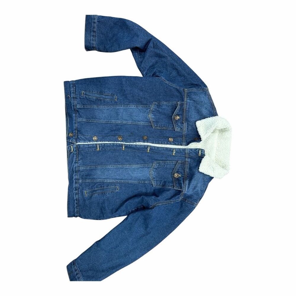 Women's Size XL Blue Denim Faux Fur Button Down Jean Trucker Jacket Coat